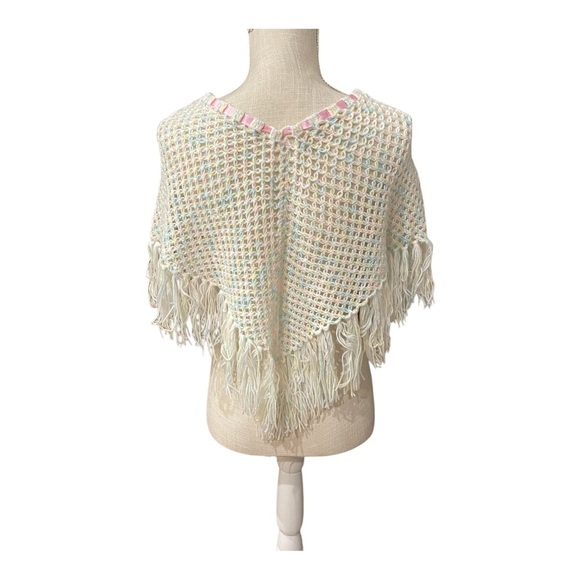 Handmade Little Girl’s Crochet Triangle Shawl Fringe Pancho Pastel w/Pink Ribbon - Picture 3 of 8